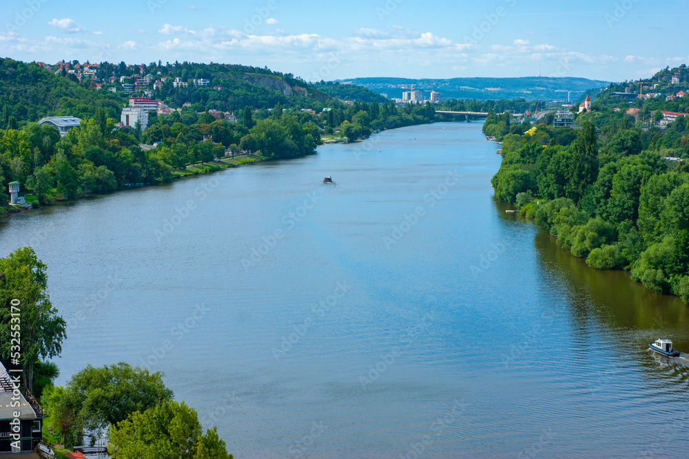 Modern day skyline with Vltava River and beyond in Prague in the Czech Republic looking toward the Bohemian countryside. Photo taken from Vysehrad ramparts.   