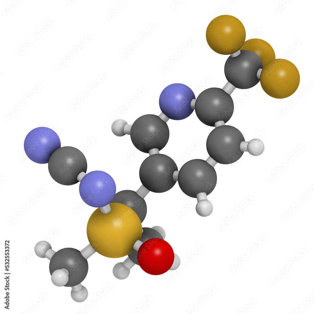 Sulfoxaflor insecticide molecule, 3D rendering. Sulfoxaflor insecticide molecule, 3D rendering.