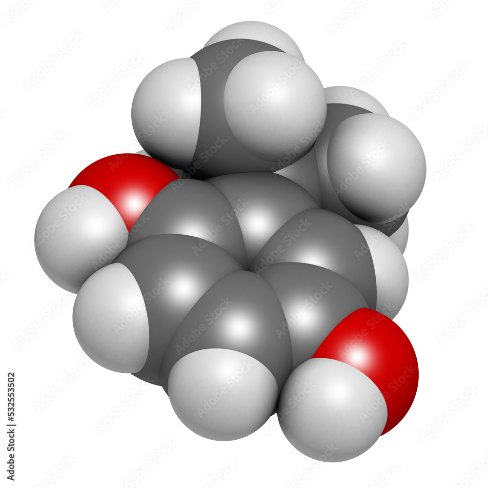 TBHQ (tert-Butylhydroquinone) antioxidant preservative molecule, 3D rendering. TBHQ (tert-Butylhydroquinone) antioxidant preservative molecule, 3D rendering.