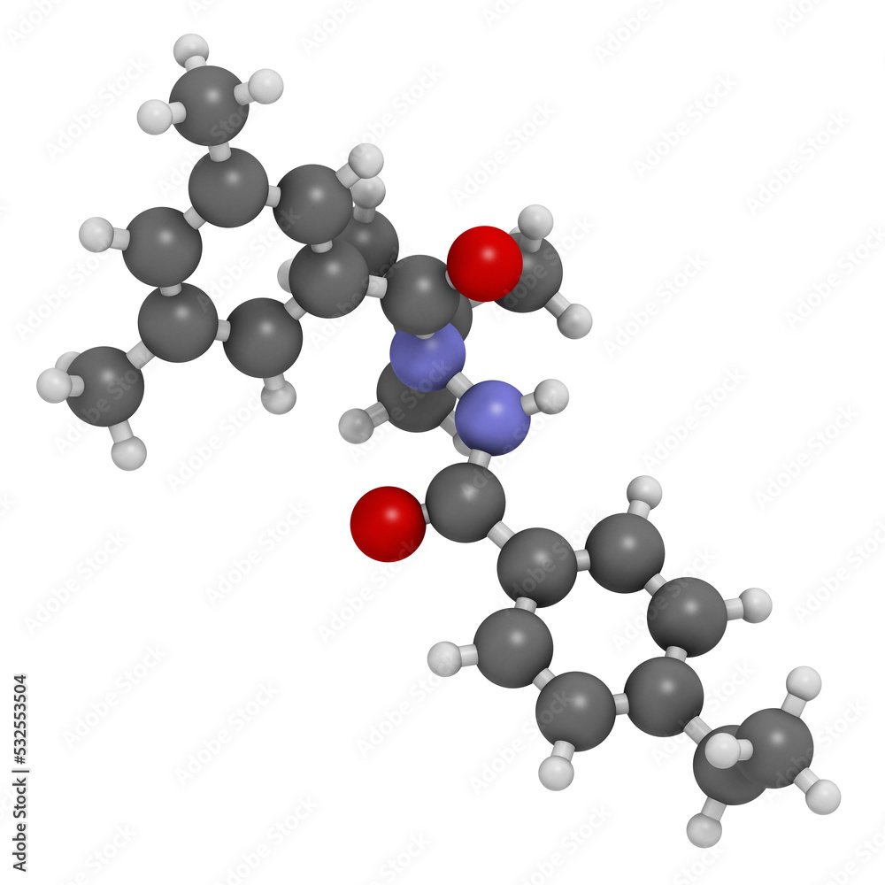 Tebufenozide insecticide molecule, 3D rendering. Tebufenozide insecticide molecule, 3D rendering.