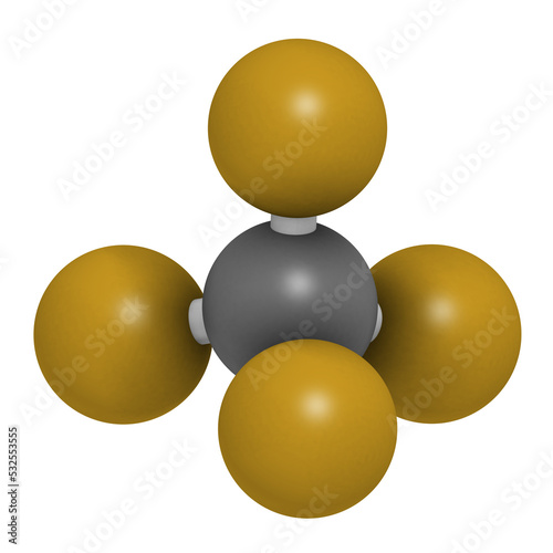 Tetrafluoromethane  carbon tetrafluoride  CF4  greenhouse gas molecule  3D rendering.