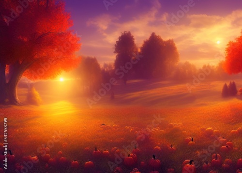 Fantasy autumn rural landscape with big pumpkins on a grass field. Beautiful autumn sunset sky. 3D render.