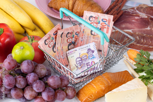 increase in food prices in Bolivia, The concept of rising inflation, fruits, vegetables, meat, cheese and inside a shopping basket with Bolivian money photo