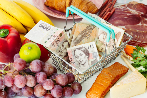 increase in food prices in the Czech Republic, The concept of rising inflation, fruit, vegetables, meat, cheese and inside a shopping basket with Czech crowns