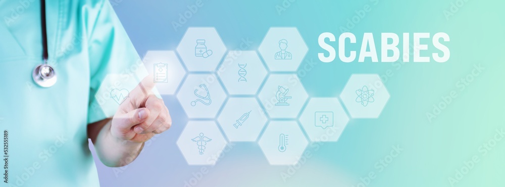 Scabies. Male doctor pointing finger at digital hologram made of icons. Text with medical term. Concept for digitalization in medicine Scabies. Male doctor pointing finger at digital hologram made of icons. Text with medical term. Concept for digitalization in medicine