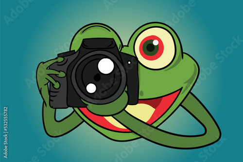 green frog with camera cartoon. frog photograper. good for macro photography tshirt or macro photography community logo