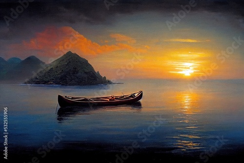 Fotografiet Oil Painting Aboriginal canoe at sunrise