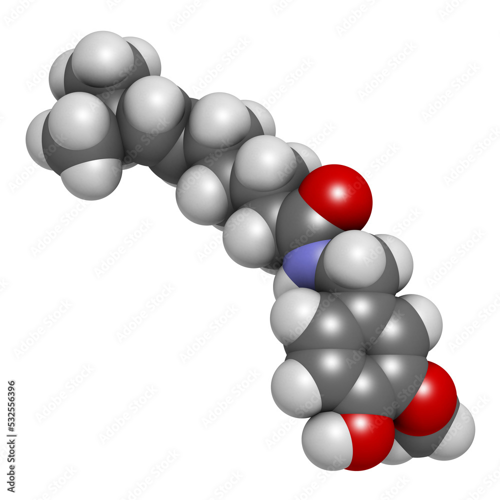 Capsaicin chili pepper molecule, 3D rendering. Used in food, drugs, pepper spray, etc. Atoms are
