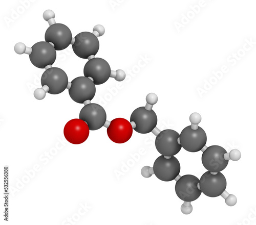 Benzyl benzoate drug molecule, 3D rendering. Used as acaricide, scabicide, etc.  Atoms are represented as spheres with conventional color coding: hydrogen (white), carbon (grey), oxygen (red). photo