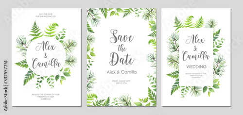 Greenery wedding invitation template. Invite card with place for text. Floral frame with pine, fern and wild herbs. Vector illustration.