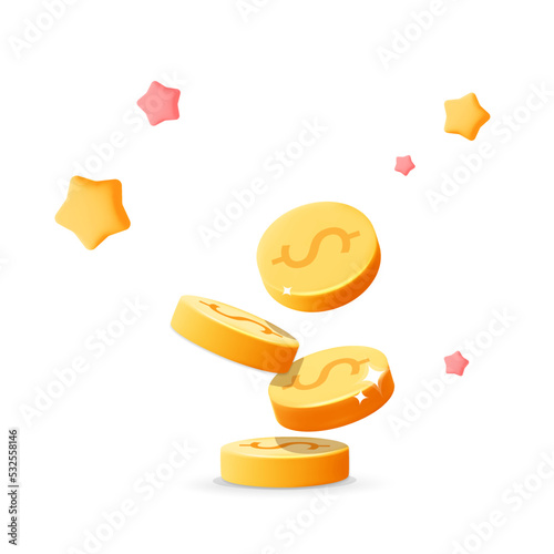 3d vector falling down golden dollar coins and stars design isolated on white background. Realistic render coins pile, casino cash tower. Growth, Profit, jackpot, Income, Savings, win and business.