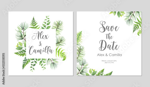 Greenery wedding invitation template. Invite card with place for text. Floral frame with pine  fern and wild herbs. Vector illustration.