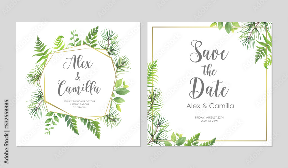 Greenery wedding invitation template. Invite card with place for text. Floral frame with pine, fern and wild herbs. Vector illustration.