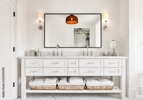 Modern design interior farmhouse bathroom vanity and sink photo