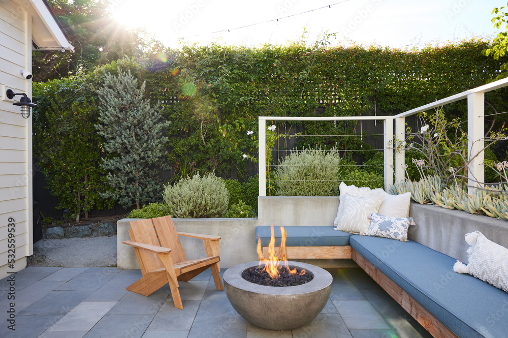 Modern design deck patio with outdoor fireplace pit and bench Stock ...