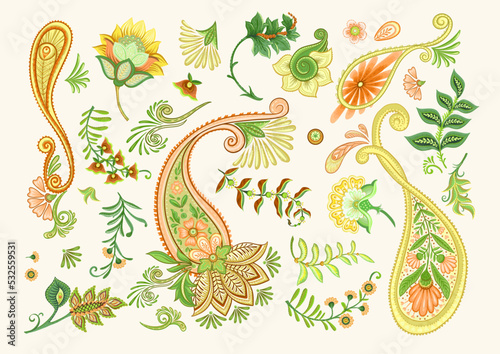 Fantasy flowers and paisley in retro, vintage, jacobean embroidery style. Elements, motif for design. Vector illustration.