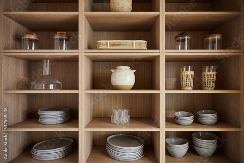 Storage shelves in modern design kitchen 