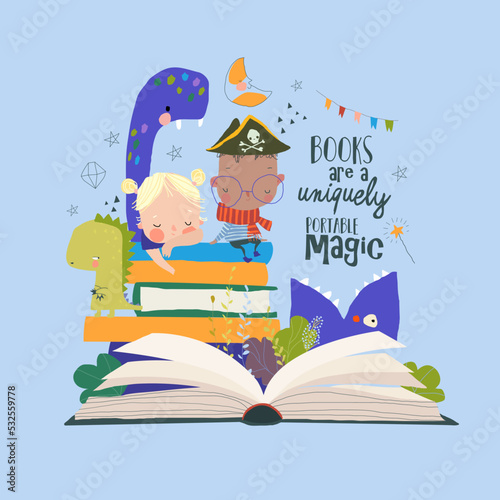 Cute Cartoon Children sitting on Stack of Books among Fairytale Monsters
