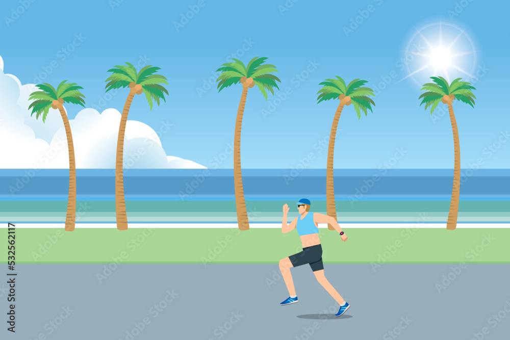 ヤシの並木を走る8等身の白人系男性のイラスト　マラソン大会　ランニング　フィットネス健康維持