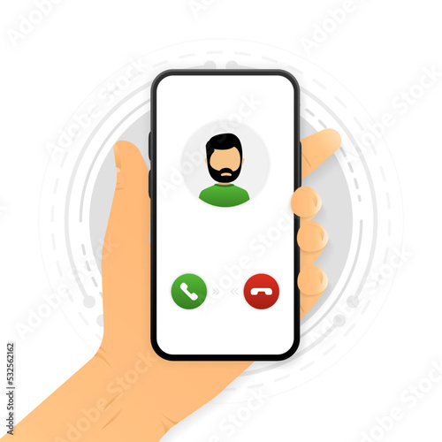 The hand holds a smartphone with a call. Mobile communication concept by cellular connection. Vector illustration.