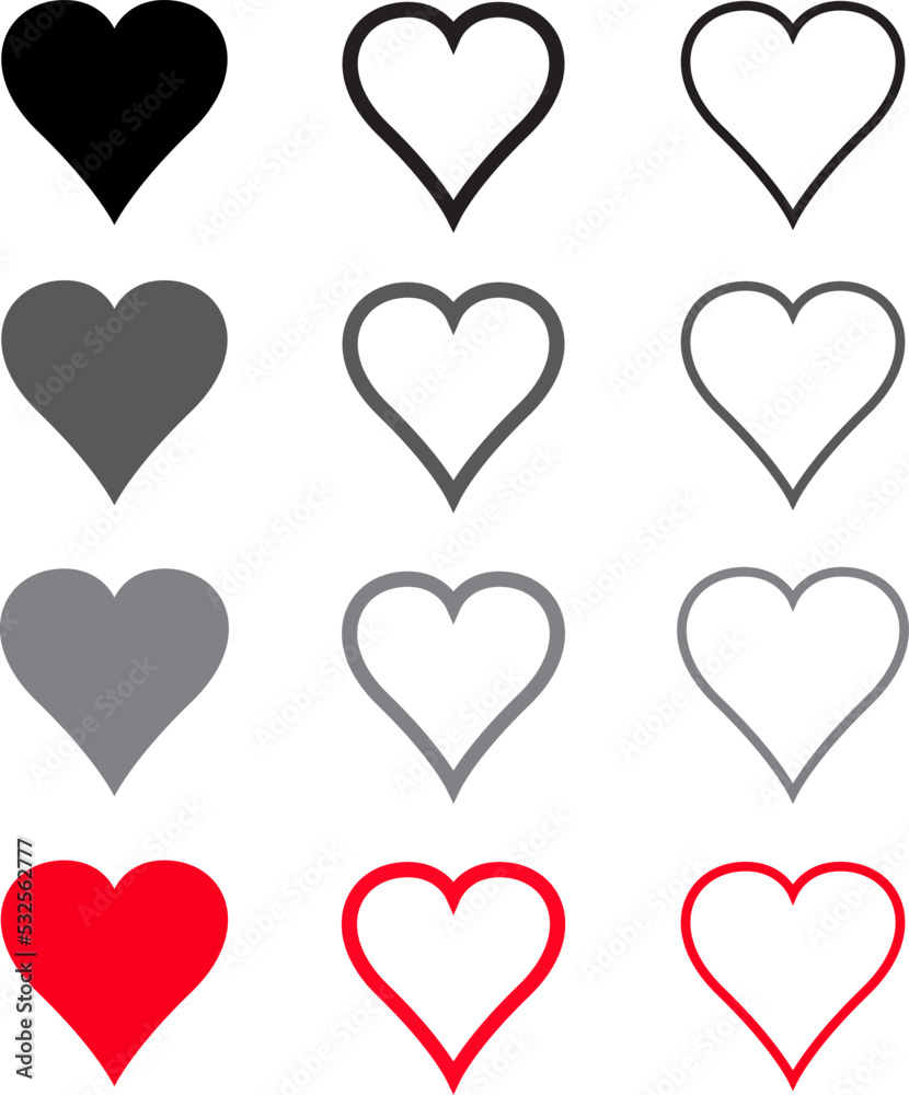 Black heart vector set. Love icons isolated on white background. Collection of flat heart symbol for love symbol, icon shape, greeting card and Valentine's day. Vector illustration, graphic design
