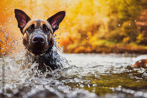 Foto Belgian shepherd, Malinois dog playing in the water, happy dog training outdoors