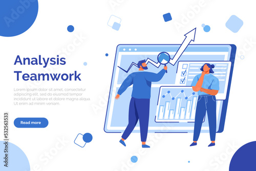 Analysis teamwork concept. Business website landing page template. People work with financial data for business development. Colleagues analyze statistical indicators. Successful work with project