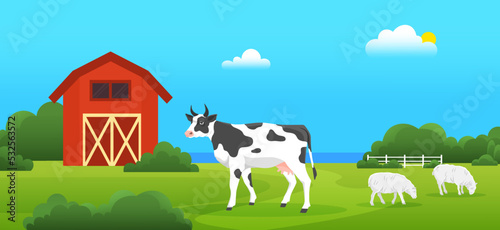 Farmyard, ecological farm with animals. Cow and sheeps graze in meadow. Livestock on background of field and barn. Organic farming, traditional agriculture concept. Farm landscape with cowshed