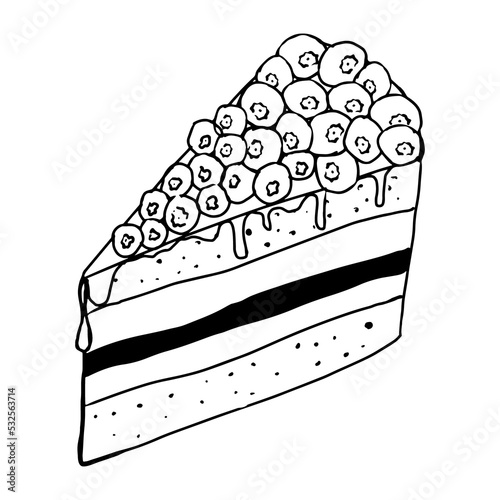 A piece of blueberry cake.Manual contour drawing with a line.Black and white image.Confectionery.Wild berry.Coloring.