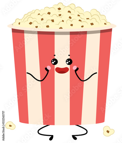 Happy cup of tasty popcorn on white background