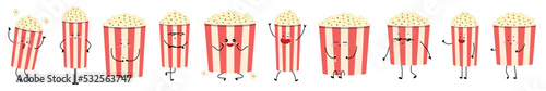 Many funny cups of tasty popcorn on white background