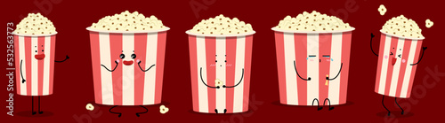 Many funny cups of tasty popcorn on red background