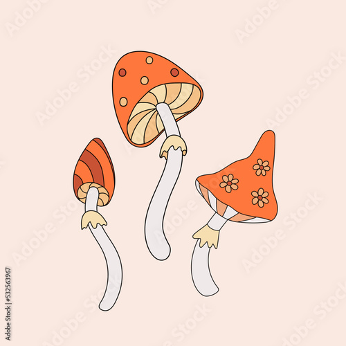Vintage hippie mushrooms flat vector illustration. Retro autumn vibe elemenst in 70s and 80s style