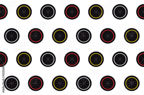 Pattern different types of tires for racing cars - soft, medium, hard, intermediate. Illustration of wheels for F1 Team car at Formula One. Vector illustration