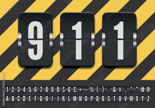 Black terminal mechanical scoreboard font to display emergency numbers vector illustration. Airport flip board alphabet for showing flight departure or arrival information.