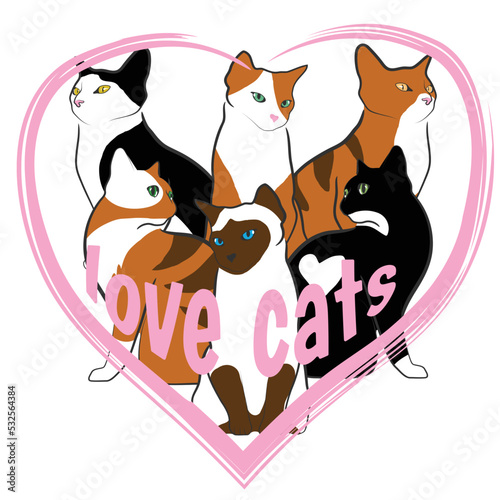 Several colorful cats sitting closed by heart and text love cats vector image
