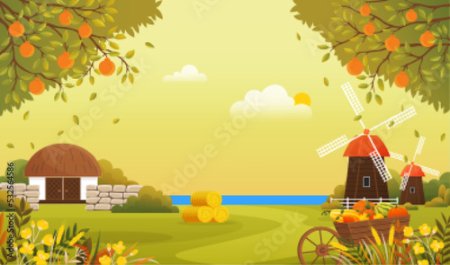 Farmyard, ecological farm vector illustration. Organic farming, traditional agriculture and growing vegetables concept. Farm landscape with mill and barn. Farmland in autumn harvest season.