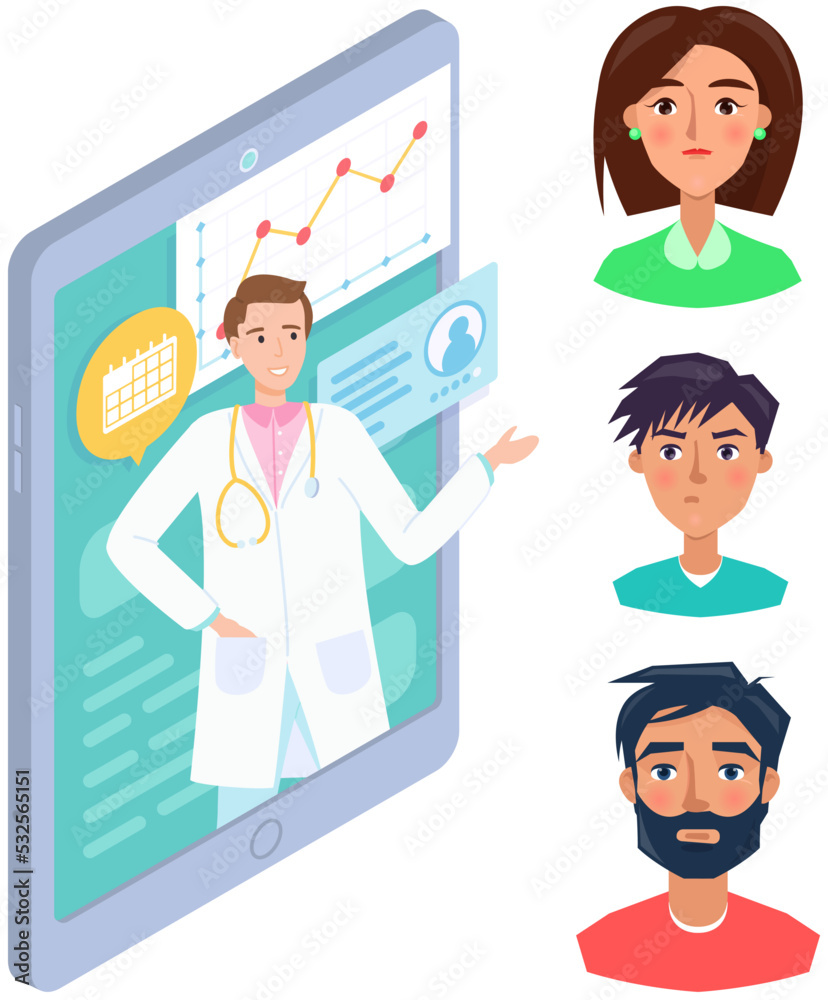 Fototapeta premium Online medical support doctor consultation app. People chat with doctor online via smartphone. Application for medical diagnosis, treatment. Neutral face expressions of characters on consultation