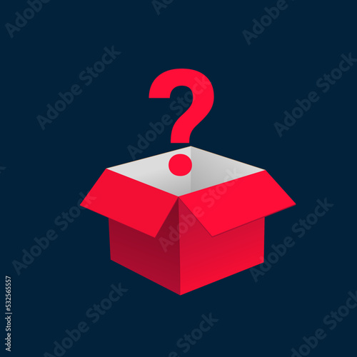 Mystery contest red box, lucky prize present surprise secret. Mystery box gift question icon.