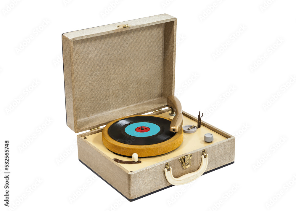 Fototapeta premium Little vintage record player in box case isolated.