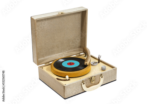 Little vintage record player in box case isolated.