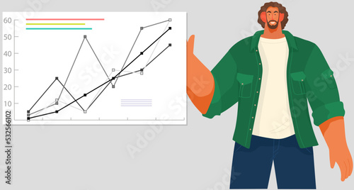 Data analytics information and development statistics. Web analysis measure, product testing technology. Man analyses dashboard seo optimization, digital report. Statistical indicators data diagram