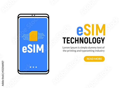 Esim technology digital card microchip phone gsm mobile vector concept. Esim technology