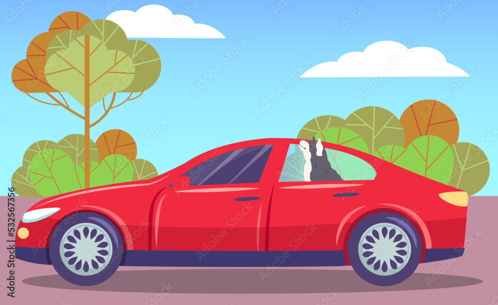 Cute dog sitting and smiling in car. Shorthair home doggy, pet, domestic animal in back seat of auto vector illustration. Pet friend with collar traveling on transport. Caring for animals concept