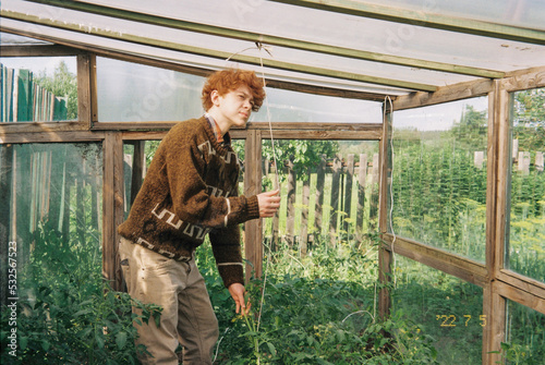Attractive rustic red-haired guy works in a greenhouse