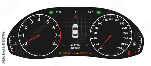 Car digital dashboard speedometer display fuel panel. Car cluster dashboard panel vector design template photo