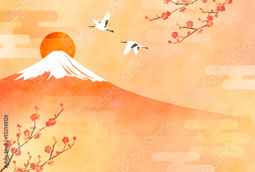 赤富士と二匹の鶴のイラスト