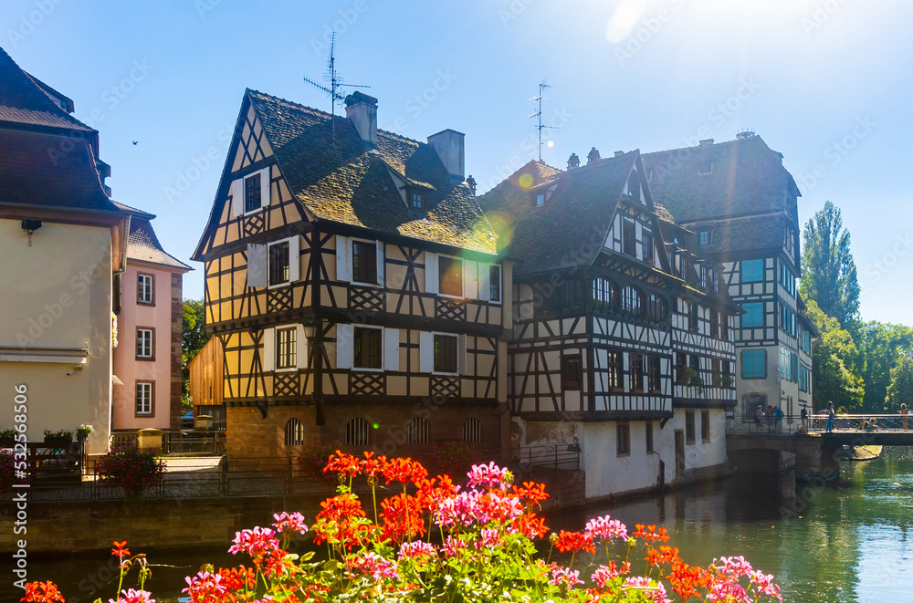 Picturesque summer landscape overlooking the streets and canals of Strasbourg, France