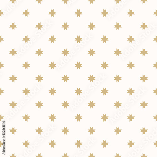 Vector geometric seamless pattern with golden stars, flower silhouettes, crosses. Simple abstract floral ornament. White and gold ornate background. Christmas decor texture. Repeat luxury geo design