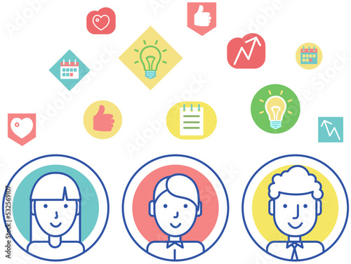 Set of mobile app icons near user profiles. Applications for healthcare, productivity and scheduling. Social network, digital technology symbols. Smartphone interface elements, programs for screen